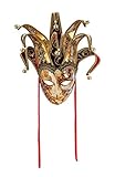  Original venezianische Deko-Maske mit Jokergesicht, handgefertigt, byzantinisches Dekor, Kupfer und Gold, Spitzen aus burgunderfarbenem Samt und Papier mit Motiven der Stadt Venedig. Made In Italy