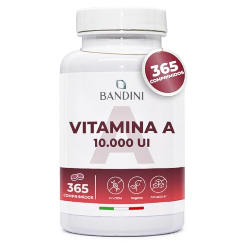 Bandini® Vitamina A Pura 10.000 U.I. (3000 µg), 365 Comprimidos de Acetato de Retinilo Vegano y Sin OGM para 1 Año, Ayuda a Mantener una Piel y Vista Normales, Alternativa a las Cápsulas y Gotas