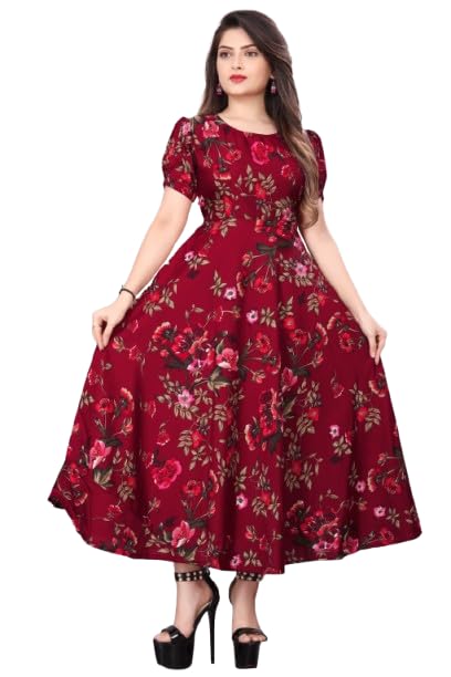 Zayn Enterprise Women’s Crepe Flared Printed Dress | Stylish Round Neck Short Sleeve Casual Wear Dress-picture-10