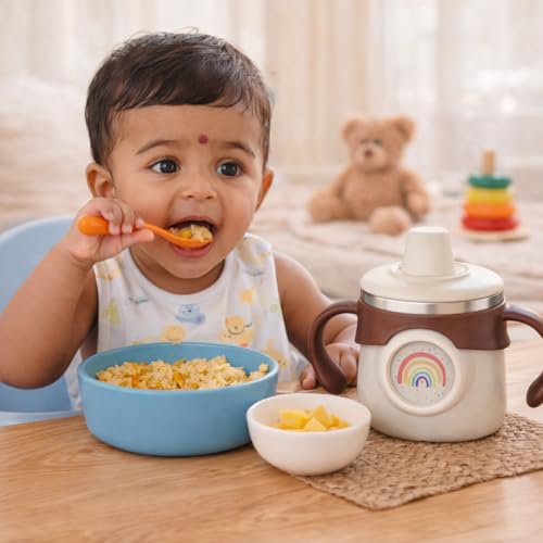 Image of THE LITTLE LOOKERS Stainless Steel Sipper Bottle 260ml | 316 Grade SS | BPA Free | Suitable for Hot & Cold | Travelling Bottle for Kids & Toddler | Training Sippy Cup with Straw /Spout (Beige)