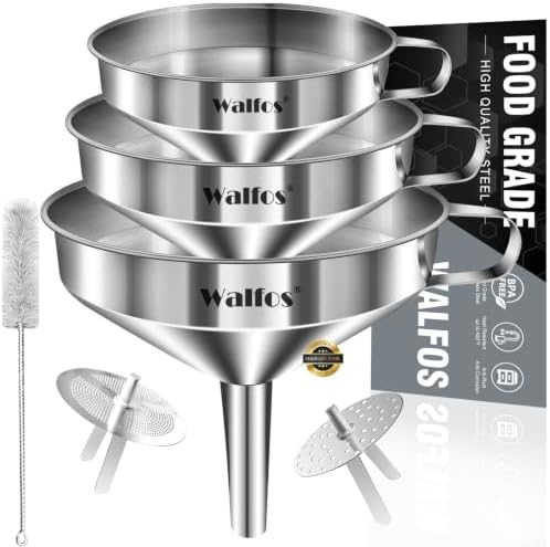 Walfos Stainless Steel Funnel, 3 Pack Kitchen Funnel with 2 Removable Strainer ＆ 1Pcs Cleaning Brush, Perfect for Transferring of Liquid, Oils, Jam, Dry Ingredients & Powder