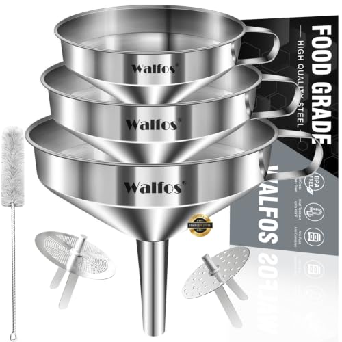 Walfos Stainless Steel Funnel 3 Pack with removable strainers