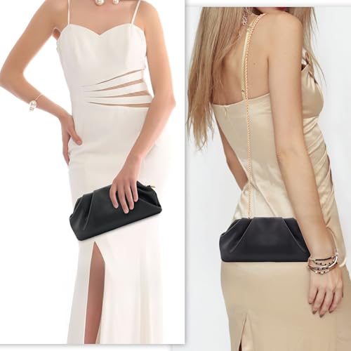 Clutch Purses for Women, Chic Pleated PU Black and Gold Purse with Detachable Chain and Sparkle Hard Shell, Roomy Evening Bag2