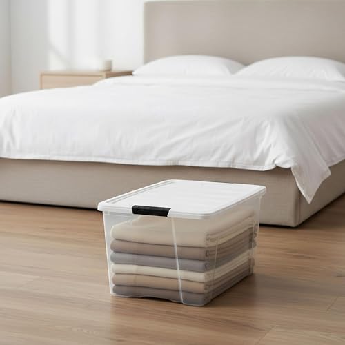 Image of IRIS USA 72 Qt Stackable Plastic Storage Bins with Lids, 8 Pack - BPA-Free, Made in USA - See-Through Organizing Solution, Latches, Durable Nestable Containers, Secure Pull Handle - Clear /White