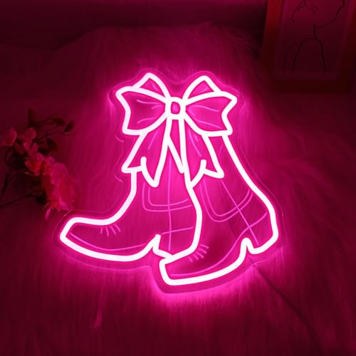 Image of Neon Sign, JGHTURIE Bow Boots Neon Signs for Wall Decor Pink Light Up Sign Preppy Girls Room Led Signs for Bar Party Shop Gift Decoration USB Powered