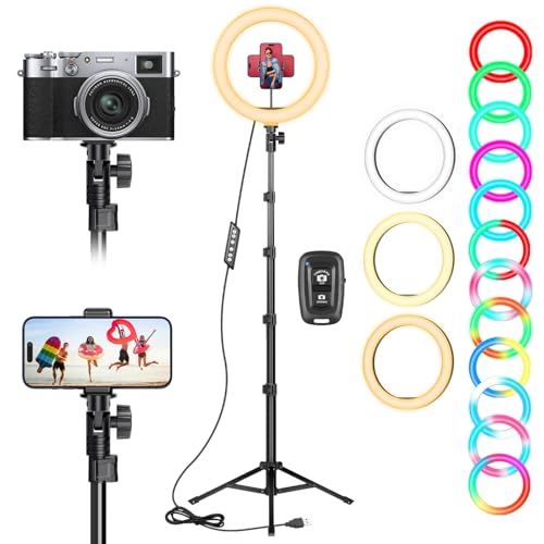 10 Zoll LED Ringlicht mit 61 Zoll Stativständer & Handyhalter, Dimmbare RGB Tischringlicht Handystativhalter mit Ringleuchte für YouTube, Videoaufnahmen,...