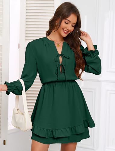 Image of Angashion Womens Tie Front Mini Dress V-Neck Ruffle Hem Summer Pockets