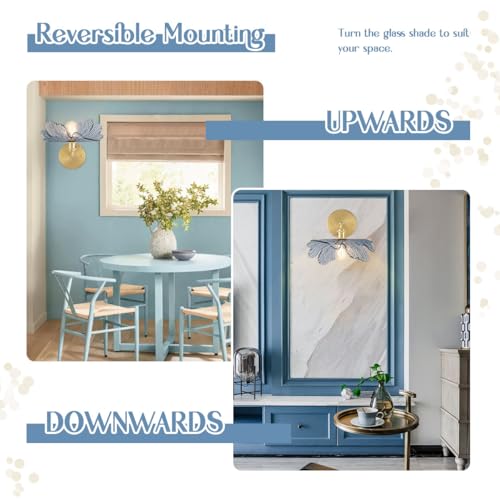 Image of 2-Light Bathroom Vanity Light Over Mirror Vintage Gold Brass Wall Sconce Light Blue Flower Glass Shade Adjustable Mid Century Modern Vanity Light Fixtures for Bedside Bedroom Doorway