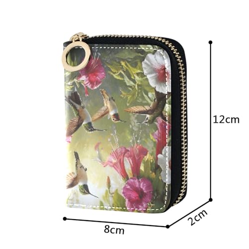 Hummingbirds Pink Flowers Garden Women Wallet Leather Credit Card Holder RFID Blocking Print Zipper Coin Purse with Key Ring3