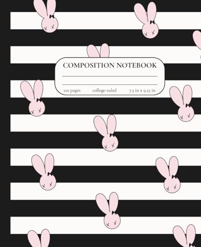 Composition Notebook College Ruled: Modern Black & White Stripes with Creepy Cute Pink Graffiti Bunny Pattern | 7.5" x 9.25" | Pastel Goth Aesthetic ... Note Taking, Creative Writing, Journaling image 2