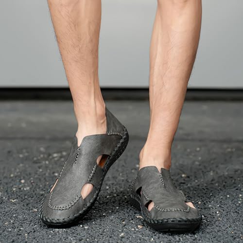 Men's Hollow Leather Closed Toe Casual Flat Sandals Outdoor Athletic Handmade Slip On Beach Shoes Summer Breathable Comfort Walking Sandals4