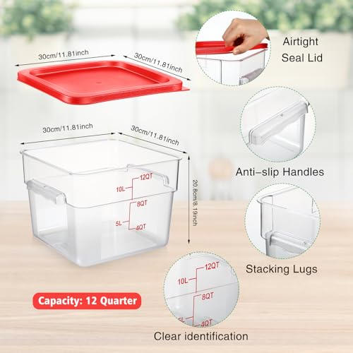 Image of Suclain 2 Pcs Square Food Storage Container Polycarbonate Clear Food Container with Lid Commercial Rice Storage with Graduations for Commercial Kitchen(12 Qt,Red)