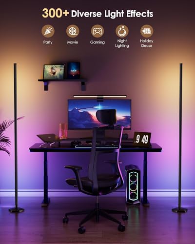 Image of WISIMMALL 2 Pack Led Floor Lamp, RGBIC Corner Floor Lamps for Living Room, Featuring 16 Million Colours & 300+ Preset Scenes - 65 inch Standing Lamps for Living Room, Bedroom - Mood Lighting With DIY Mode