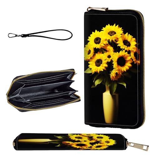 Wallet,Leather Long Wallet Suitable For Ladies And Teenagers - Detachable Wristband + RFID Travel Wallet With Card Slot - Sunflowers