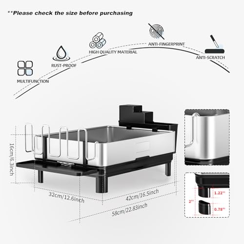 Image of Ewaiira Dish Drying Rack, 304 Stainless Steel Dish Racks for Kitchen Counter, Dish Drainers with Automatic Drainage, Utensil Holder & Cups Holder, Space Saving Kitchen Organizer, Black