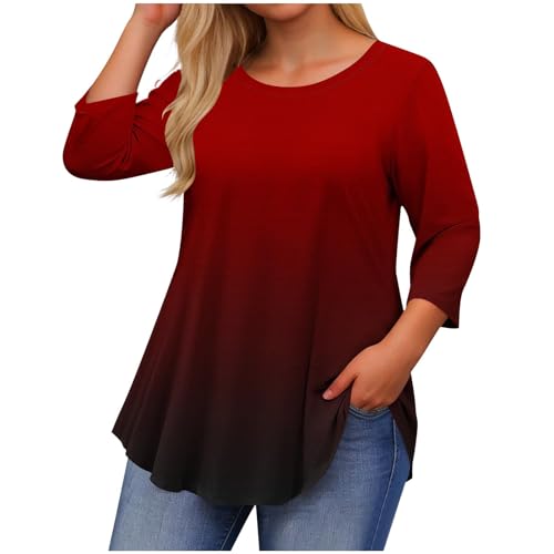3/4 Sleeve Tops for Women Spring Tops for Women 2026 Trendy Plus Size Graphic Tees Casual Loose Fit Crewneck T-Shirts Spring Fashion 2026 09# Red Plus Size 5X