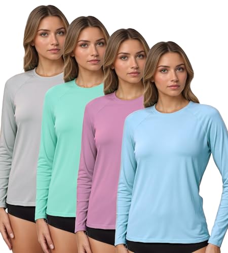 Kinglaman 4 Pack Rash Guard for Women UPF 50+ SPF UV Sun Protection Long Sleeve Swim Shirt Workout Hiking Tops 1 Gray 1 Blue 1 Green 1 Pink Large