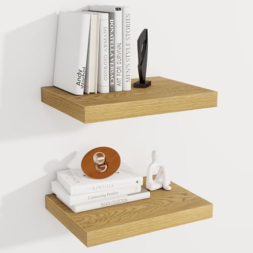Image of Fun Memories 12 Inch Deep Floating Shelves, 16 x 12 Wooden Wall Shelves, Extra Deeper & Thicker Rustic Wall Mounted Storage Shelf for Fireplace, Living Room, Kitchen, Farmhouse, Oak - 2Pack