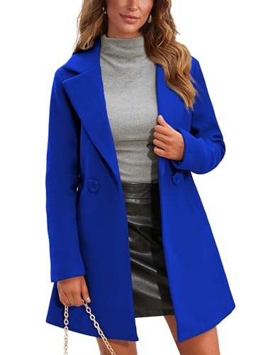 Springrain Women's Wool Pea Coat Notched Collar Double Breasted Midi Long Trench Coat Outwear (Blue, S)