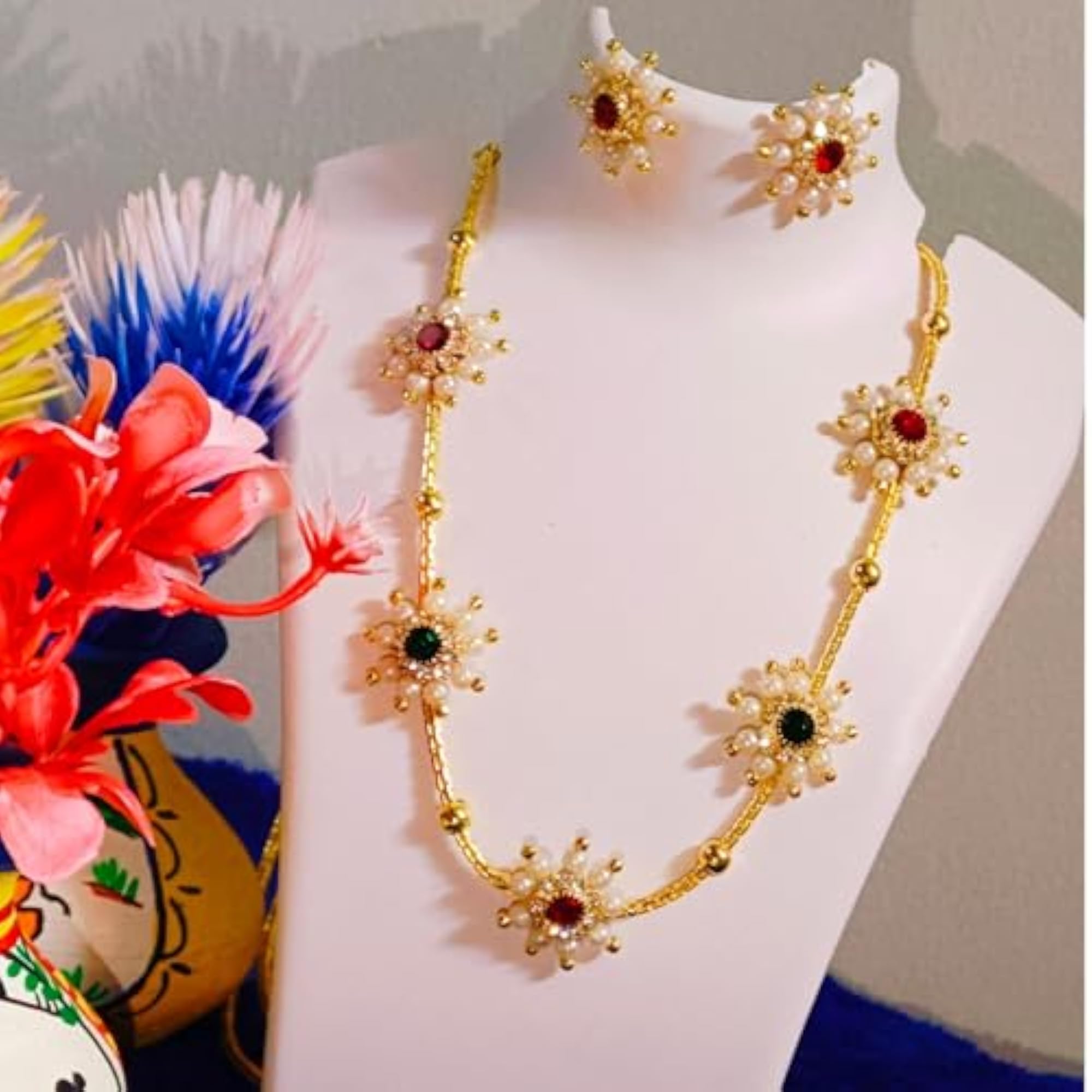 Gold Plated Floral Necklace Set with Earrings