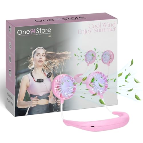 Image of One94Store Portable Neck Fan - 1200mAh USB Rechargeable, 3-Mode, 7-Blade, Hands-Free Wearable Cooling Fan, Up to 3 Hours Use for Travel, Office, Outdoor, Sports & Home (Pink)