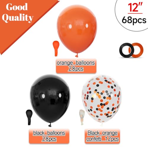 Image of 68Pcs Black and Orange Balloons, 12 inch Orange Black Latex Balloon Set with Confetti Ribbons Reusable, Fade-Resistant for Halloween, Graduation Spooky Party Decorations.