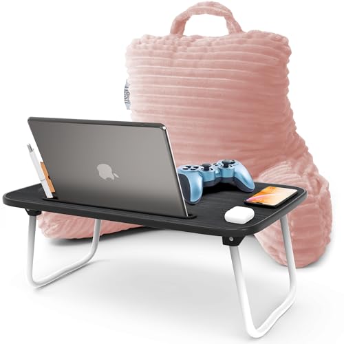 Image of Nestl Peach Beige Reading Pillow with Bed Desk for Laptop and Writing, Luxe Cut Plush Back Pillow for Sitting Up, Back and Arms Adjustable Support for Kids and Teens, Foldable Lap Desk for Bed 19x11 inch