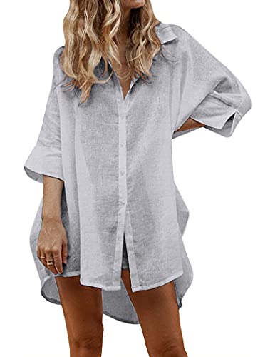UNibelle Women Bathing Suit Cover Up Loose Fit Sexy Beach Button Down Shirts Blouses Light Grey