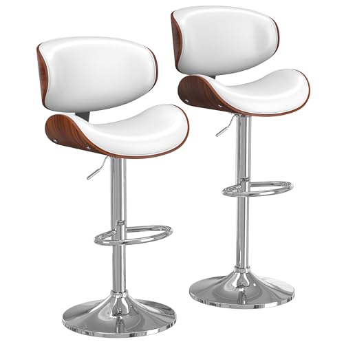 Image of YaFiti Bar Stools Set of 2, Bar Stools for Kitchen Island with Bentwood Back and Leather Seat, Swivel Barstools for Kitchen Counter, Bar, White