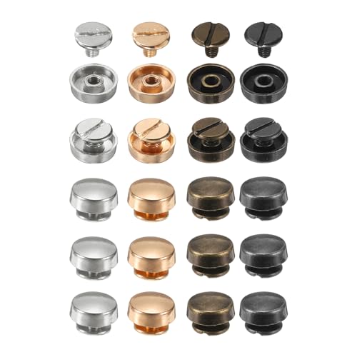 HARFINGTON 20set Flat Head Stud Spike 10mm Alloy Purse Feet Handbag Nail Head Stud Flat Buckle Button Cap Rivets Round Wheel Buckles Tool Set for DIY Leather Craft, 4 Colors