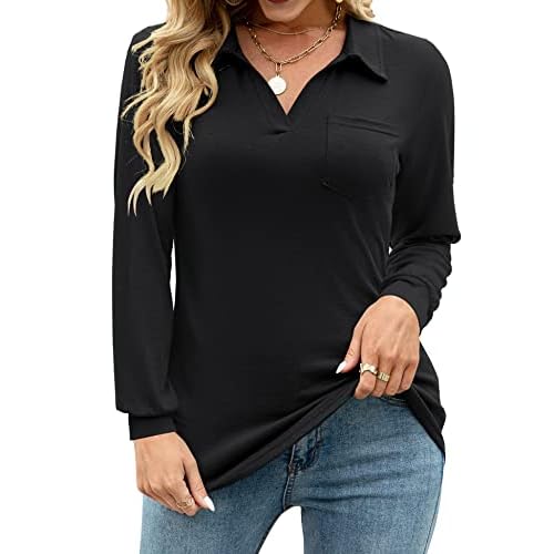 AKEWEI Womens V Neck Polo Shirts Short Sleeve Collared Tops Loose Casual Tunic Blouses with Pocket
