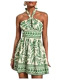 SOLY HUX Women's Sundress Tropical Print Halter Dress Tie Backless Sleeveless A Line Short Summer Dresses Green Leaf Small