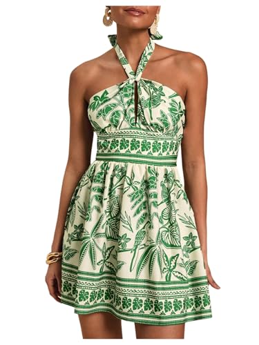 SOLY HUX Women's Sundress Tropical Print Halter Dress Tie Backless Sleeveless A Line Short Summer Dresses Green Leaf Small