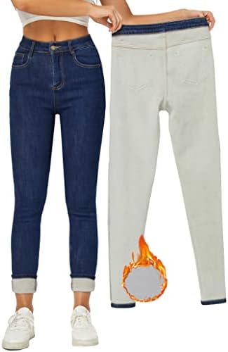 Yehopere Women Winter Jeans Skinny Jeans Fleece Lined Zip Slim Fit High Waist Jeggings Blue