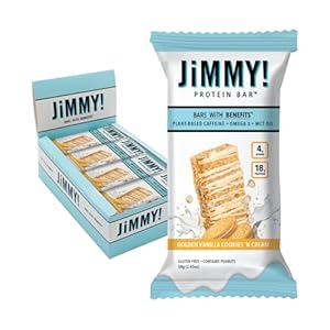 JiMMYBAR! – Golden Vanilla Cookies ‘N Cream – 18g Protein Bars – Low 4g Sugar – 12 Count – Real Peanut Butter Base with Hand-Drizzled Chocolate 58g Protein Bar – Functional Meal Replacement Bars