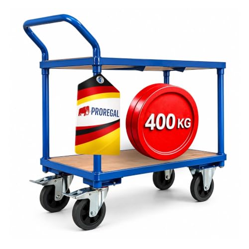 PROREGAL Tischwagen Transportwagen Handwagen Materialwagen Pro mit 2 Etagen | HxBxT 95x50x97cm | 2 Lenk- & Bockrollen | Traglast 400kg | Lichtblau