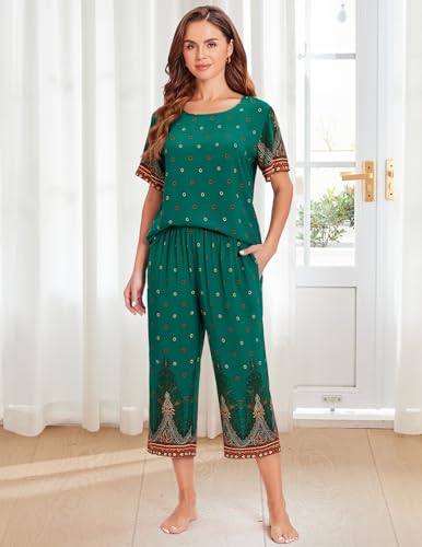 Image of Ekouaer Women's Two Piece Lounge Set Short Sleeve Shirt and Capri Pants Mumu Pajama with Pockets Loungewear Pjs Sets S-2XL