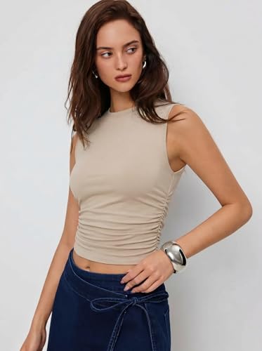 Image of CIDER Womens Tank Tops Sleeveless High Neck Ruched Crop Tops Going Out Casual Basic Ribbed Shirt Summer Fashion Clothing