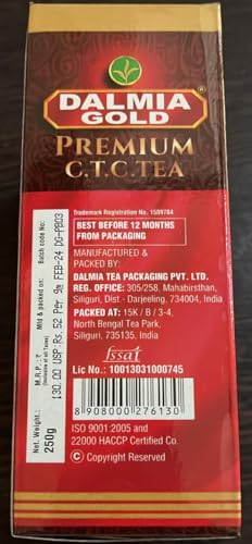 Image of Dalmia Gold Premium CTC Tea -250gms Mono carton pack | Blended CTC Tea with Orthodox Leaves from Assam and Dooars | 100% Vegetarian | Strong and Aromatic Chai| Pack of 2