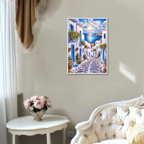 Image of Santorini Greece Diamond Art Kits for Adults, Landscape Diamond Painting Kits, Seaside Scenery 5D DIY Full Drill Diamond Dots Paint with Diamonds Gem Arts and Crafts for Home Wall Decor 12x16 inch