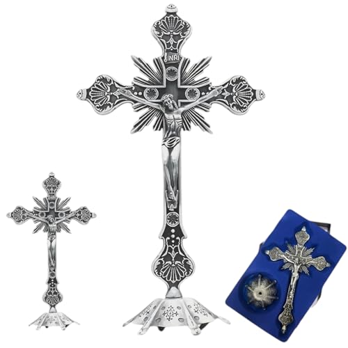 10 Silver Metal Stand Crucifix with Base Ornate Victorian Jesus Table Cross Religious Home Decor Altar Gift
