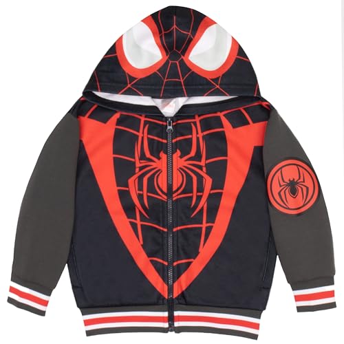 Image of Marvel Comics Spider-Man Miles Morales Boys Sweatshirt - Button-Up Long Sleeve Graphic Print Hooded Varsity Jacket for Kids