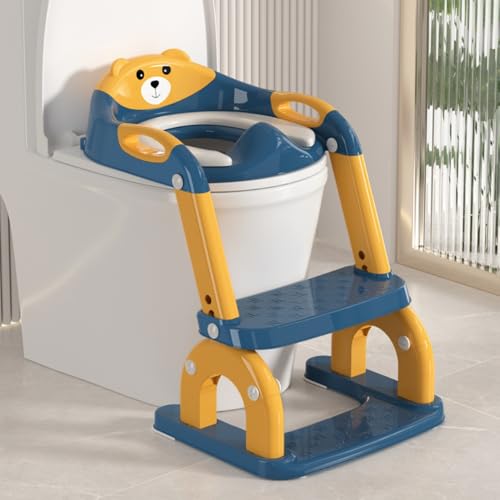 JoyeeLii トイレトレーニング階段付きの子供補助便座,アップグレードされた丸アーチ型補助便器はしご, 8段階高さ調整、折りたたみ式設計、快適で安全な幼児補助便座,子供用トイレ 踏み台 (イエロー)