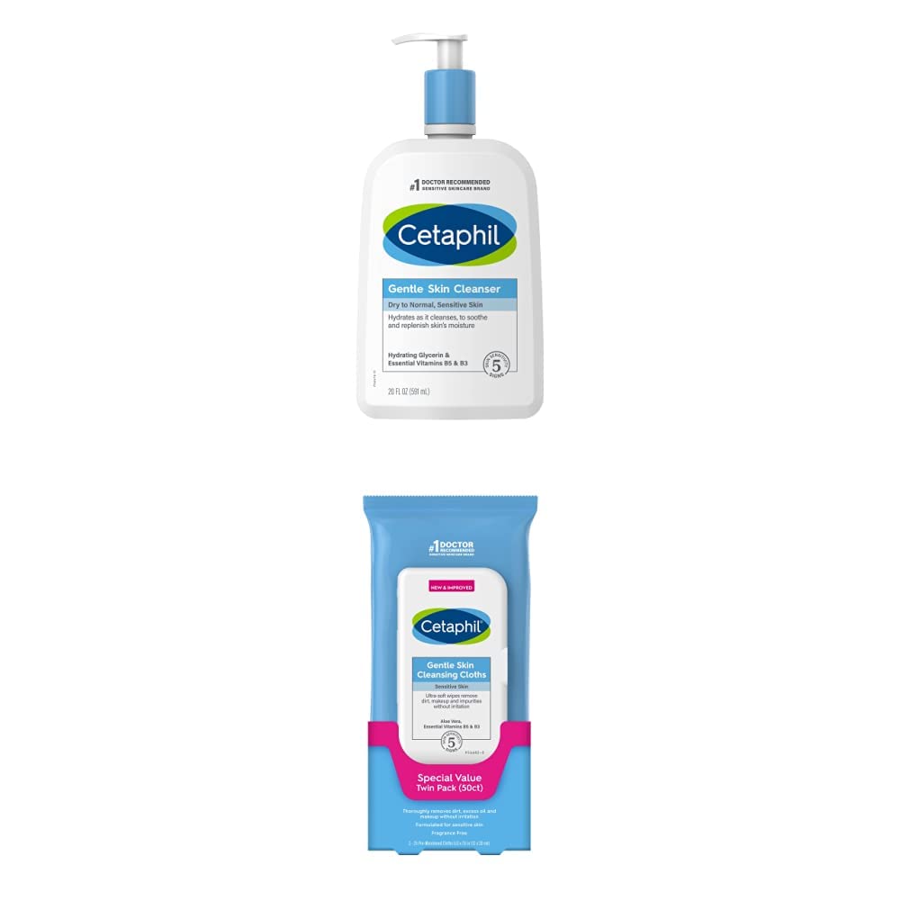 Cetaphil Hydrating Gentle Skin Cleanser for Dry to Normal Sensitive Skin, 20 oz and Gentle Skin Cleansing Cloths, 50 Count