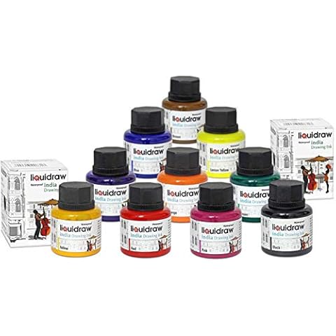 Liquidraw Drawing Ink Set of 10 Colored India Ink Bottles 35ml Waterproof Assorted Colors Colorful Indian Inks for Art, Painting, Artists, Calligraphy, Dip Pens, Brushes, Canvas, Fabric & Wood Cover