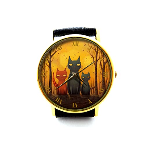 Whimsical Cat Leather Watch, Cute Cat Ladies Watch, Cat Unisex Watch, Cat Jewelry P481