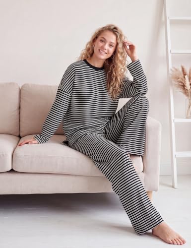 Image of MISSACTIVER Women's 2 Piece Striped Lounge Set Long Sleeve Oversized T-Shirt Wide Leg Pants Matching Pajamas Set