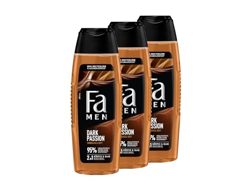 FA Gel douche pour homme Dark Passion (3 x 250 ml), 2 en 1 pour corps et cheveux, avec le parfum masculin de bois de santal séduisant et d'épices orientales, formule douce et végétalienne