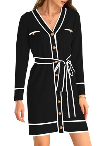 Pink Queen Women's Long Sleeve Button Down Mini Dress Elegant V Neck Open Front Color Block Knit Sweater Cardiagns with Belt4