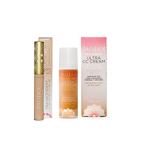 Pacifica Ultra CC Cream Radiant Foundation (Warm/Light) and Pacifica Transcendent Concentrated Concealer (Natural) Bundle with Indian Ginseng and Safflower, 1 fl. oz. each